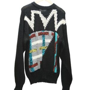 VTG Wayne‎ Scott Mens M Black Abstract Pattern 3D Acrylic Bold Grandpa Sweater
